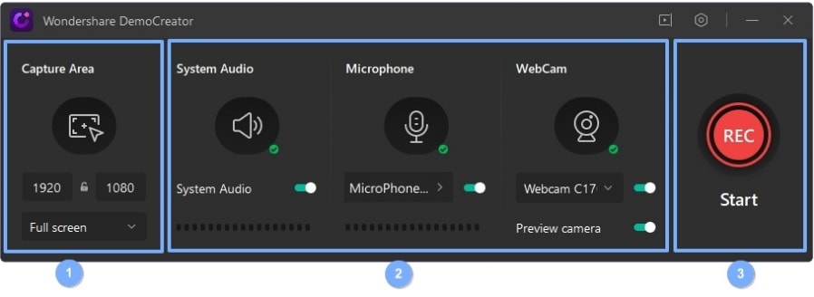 paramètres audio et webcam democreator