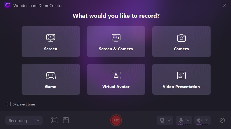 select the recording type 