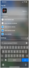 using spotlight to find Voice Memos app in iPhone