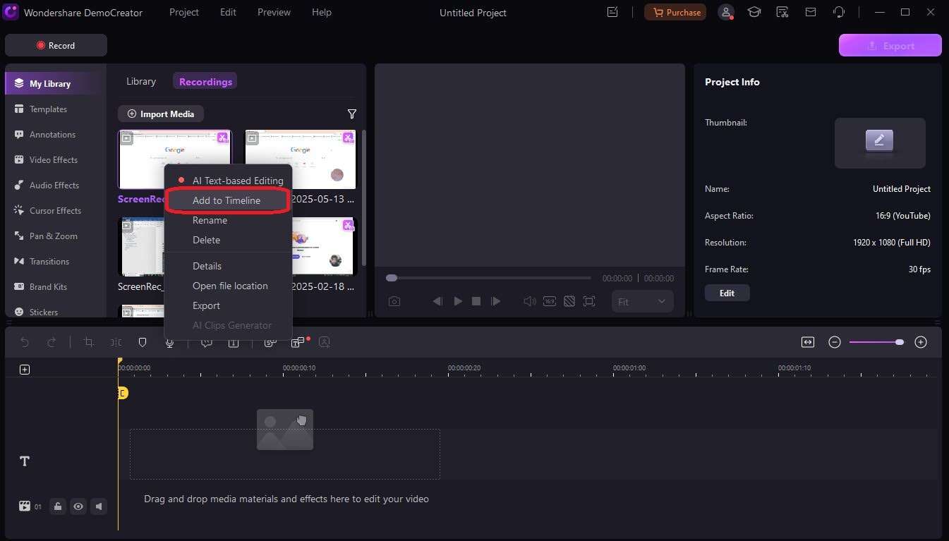 add project to the timeline