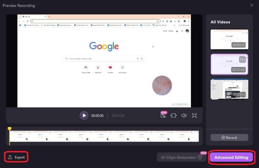 edit or export the recorded video