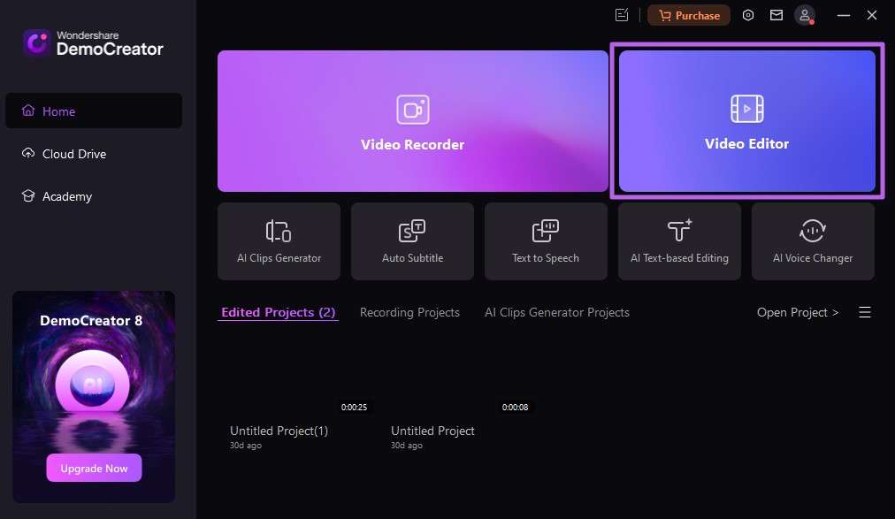 launch democreator and select video editor
