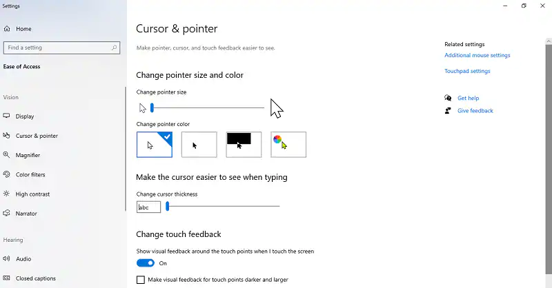 configuração do cursor da microsoft