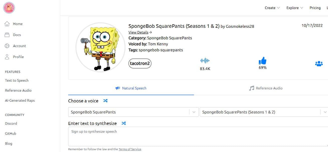 voz ia de bob esponja con generador uberduck ai