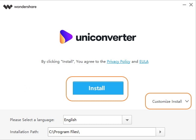 تثبيت Wondershare UniConverter - اختيار اللغة