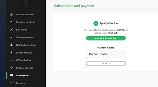 plan de pago de Spotify