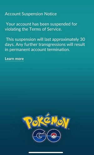 avertissement sur le compte pokemon go