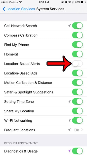 Toggle Location-Based Alerts to the “Off” position