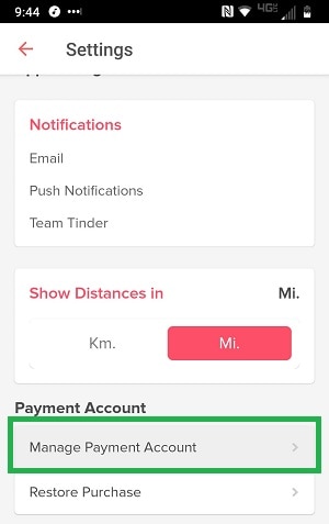 manage tinder payment account