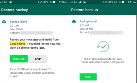 استعادة تطبيق whatsapp من google drive