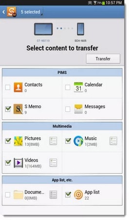 transfer samsung to samsung-select the data to transfer