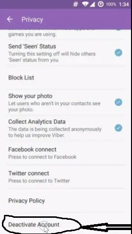 deactivate Viber account on Android