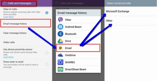 Selecteer e-mailprovider om back-up te maken van Viber chatgeschiedenis