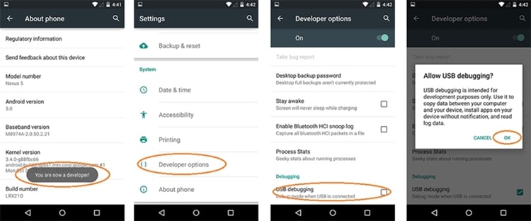 respaldo completo de Android - activar la depuración usb