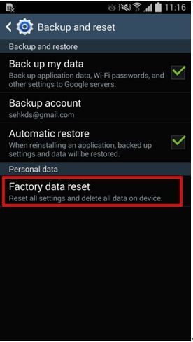 select factory data reset on samsung