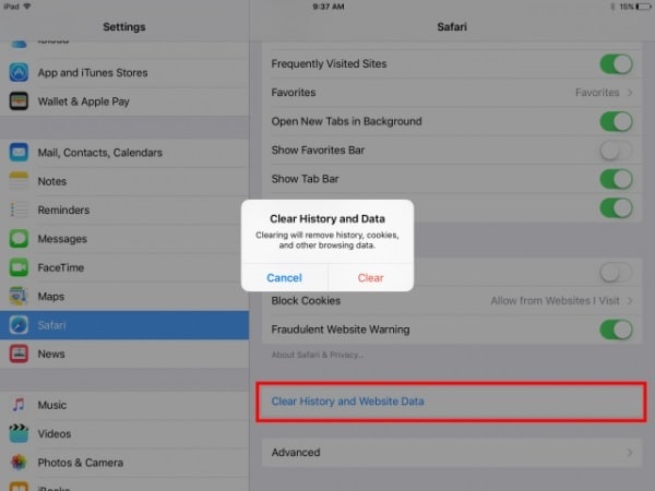 how to clear iphone/ipad cache-find safari