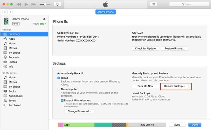 restore iPhone from itunes backup