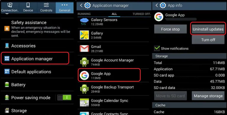 toque na interface do usuário do sistema Android em “Desinstalar atualizações”