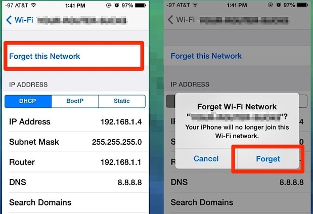 wifi not working on iphone-forget this network