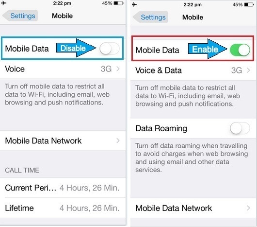Benachrichtigungen funktionieren nicht auf iPhone- Mobile Daten aktivieren