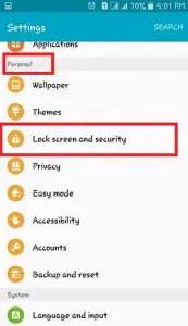 configurar el patrón de bloqueo de la pantalla de android - En la sección personal o de privacidad