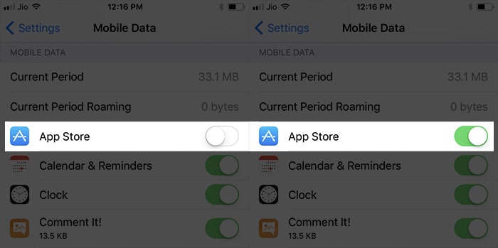 turn on cellular data for app store
