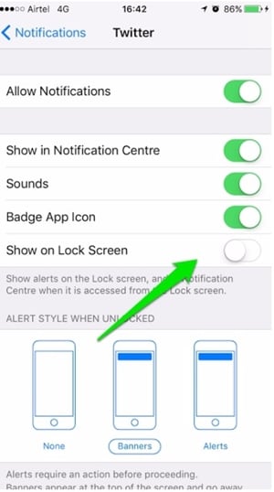 pantalla de bloqueo de iPhone con notificaciones: desactiva (mostrar en la pantalla de bloqueo)