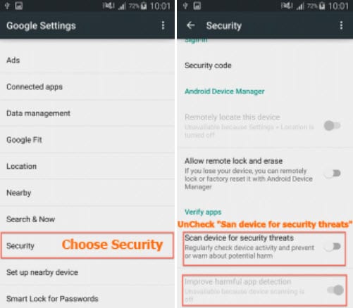Track WhatsApp Messages with MaxxSpy-turn off “Scan device for Security threats”