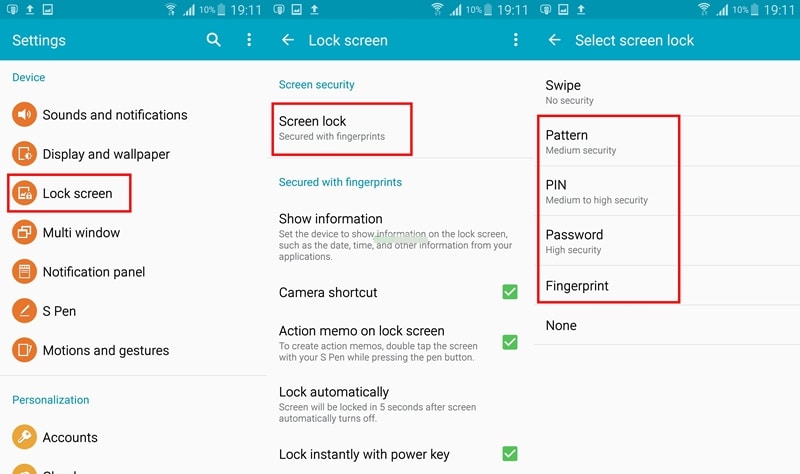 Samsung lock screen- choose the Swipe lock
