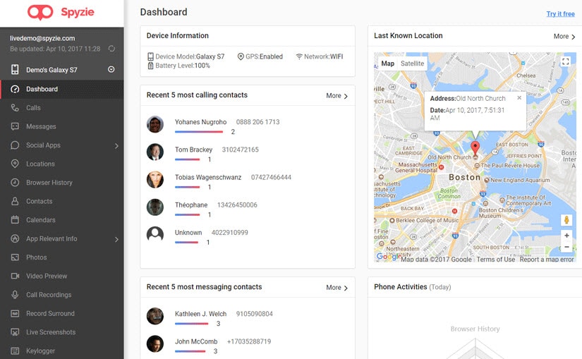 track a cell phone-gain direct access to the Spyzie dashboard