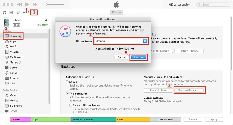restore iphone from itunes backup