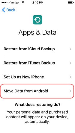 importar contactos al iPhone XS (Max) desde android usando move to ios
