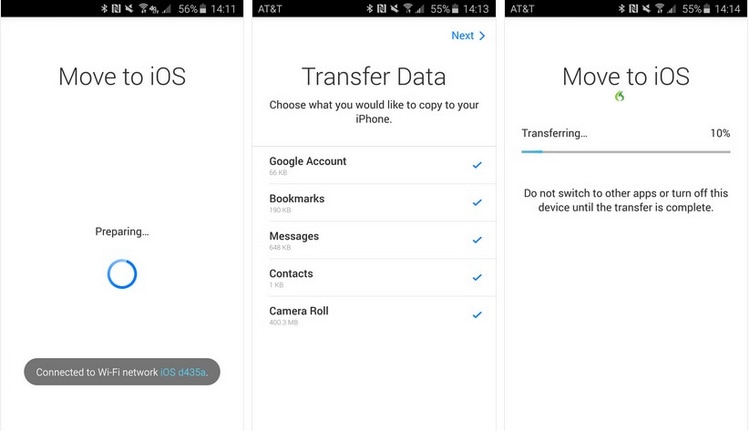 transférer des contacts d'android vers iphone avec l'application move to ios