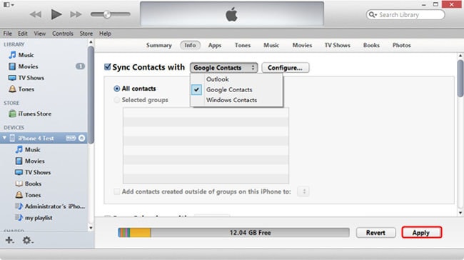 exporter les contacts iphone vers gmail en utilisant itunes