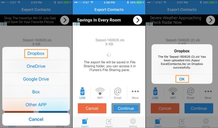 تصدير جهات اتصال iphone إلى ملف excel على dropbox