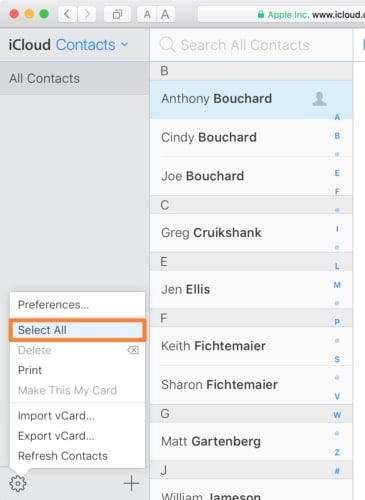 select all contacts on icloud