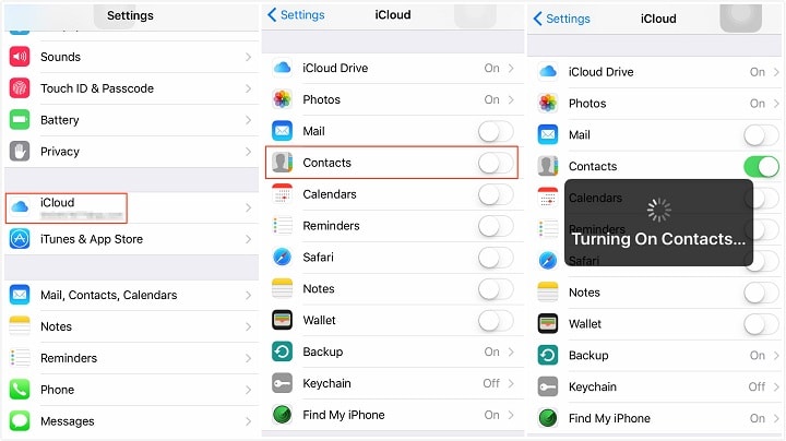 turn on icloud contacts sync on iphone