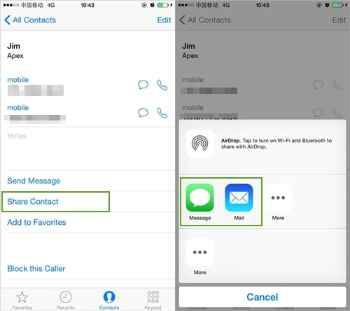share iphone contacts via contacts app