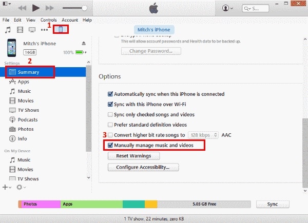 enable manually manage music and videos on itunes