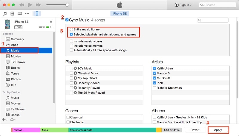 synchroniser les fichiers musicaux sélectionnés sur l'iphone depuis un ordinateur portable
