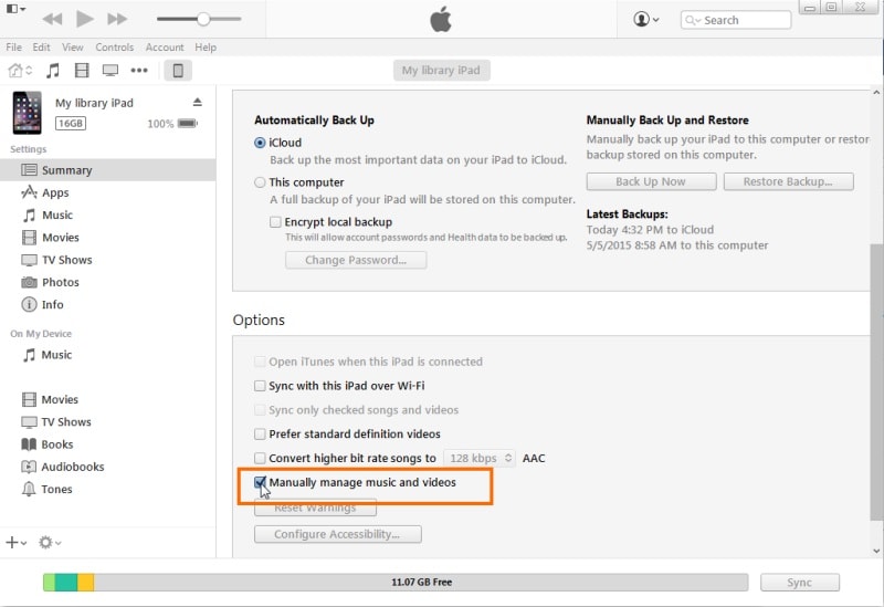 enable manually manage music and video on itunes