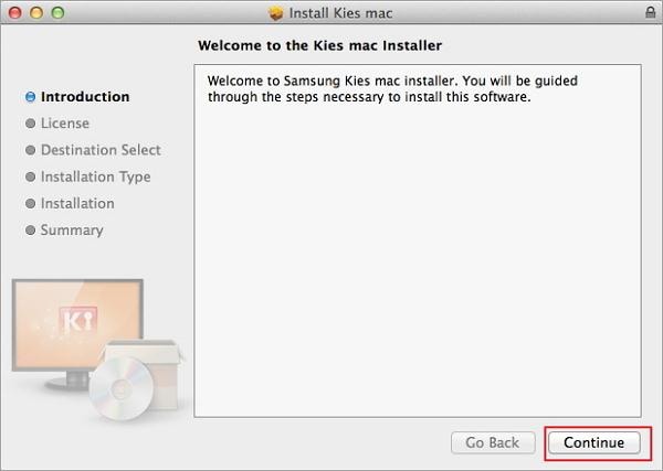 download and install kies for mac- Click Continue