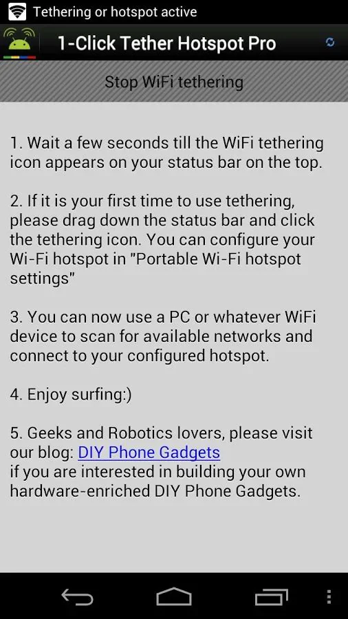 تطبيقات مجانية لإنشاء نقطة اتصال باستخدام 1-Click Wifi tether no root