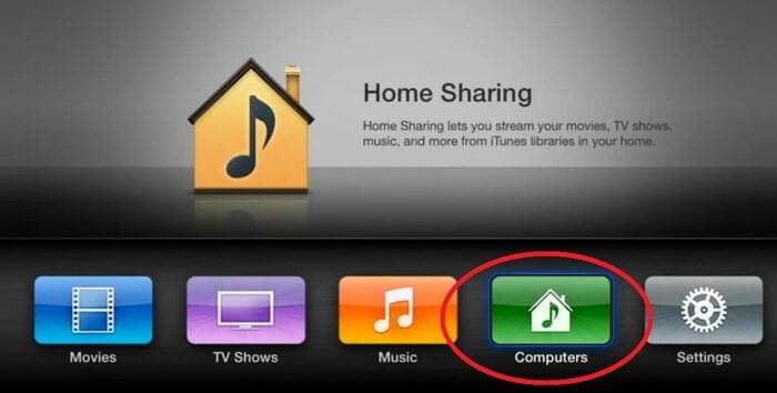 المشاركة المنزلية على التلفزيون - على Apple TV ، اختر أجهزة الكمبيوتر