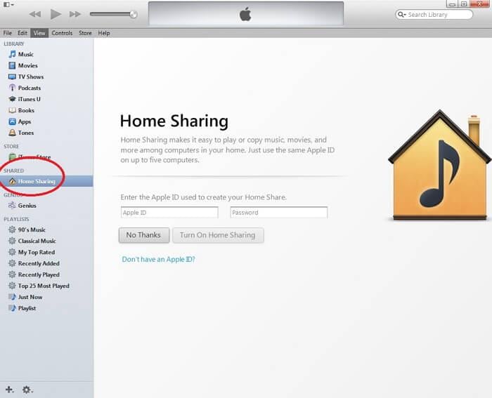 Configuración de compartir en casa de iTunes-Mostrar barra lateral