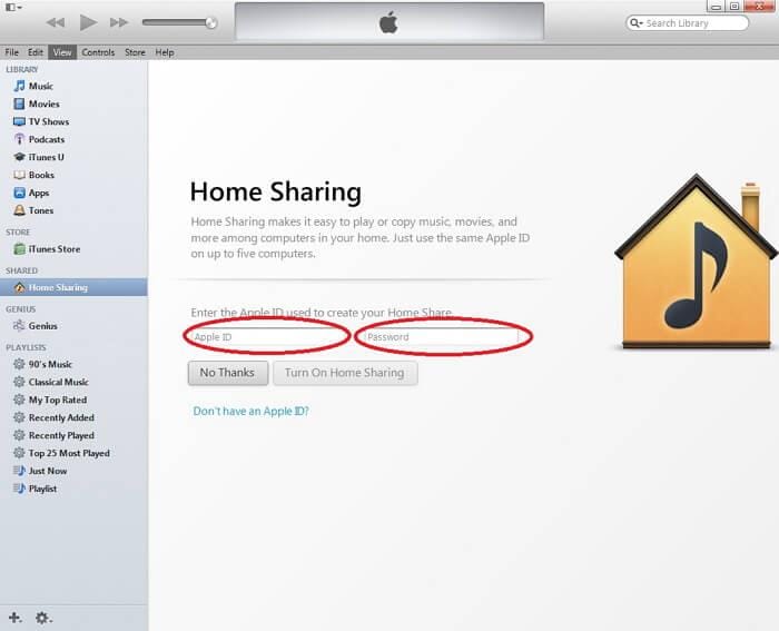 إعداد مشاركة itunes المنزلية – إدخال معرف Apple