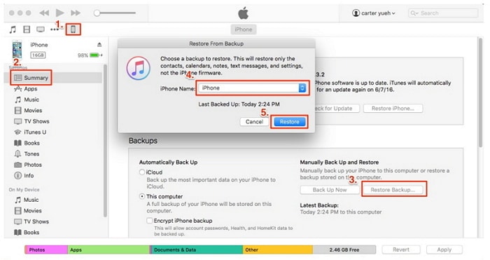restore contacts to new iphone from itunes bakcup