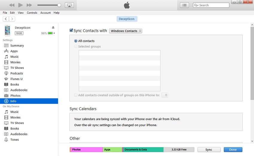 como transferir contactos do pc para iphone - usar iTunes passo 2