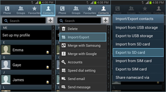 transfer contacts from samsung to pc-export to sd card