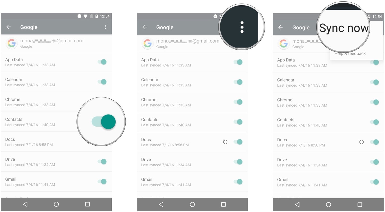 exporte contatos do android-toque no botão ‘Sincronizar Agora’
